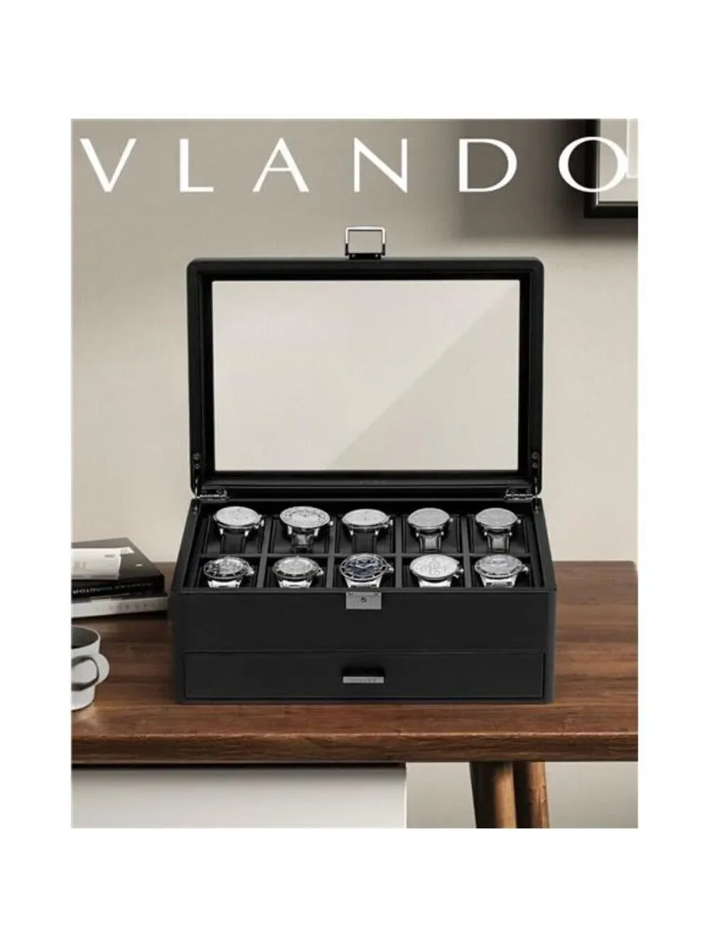 Mens Watch Box Organizer 10 Slot Leather Jewelry Case with Drawer Glass Lid
